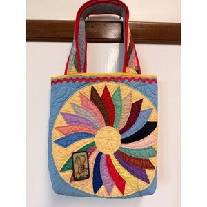 Handmade Vintage Quilt Tote Bag Dresden Pinwheel Blue Yellow Patchwork Bag